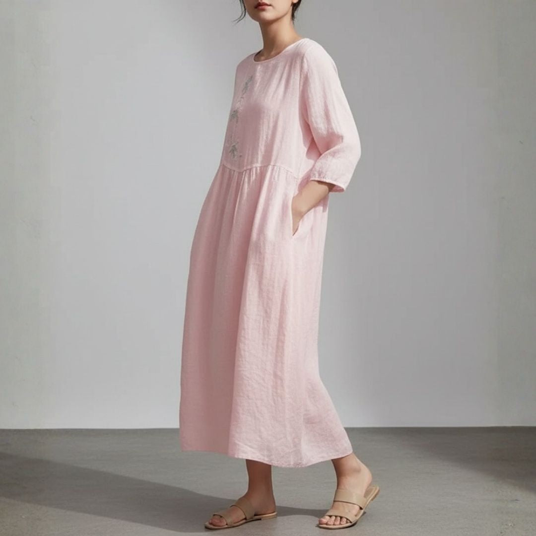 Marcelline Embroidered Cotton Midi Dress – Airy Pullover Everyday Casual Dress