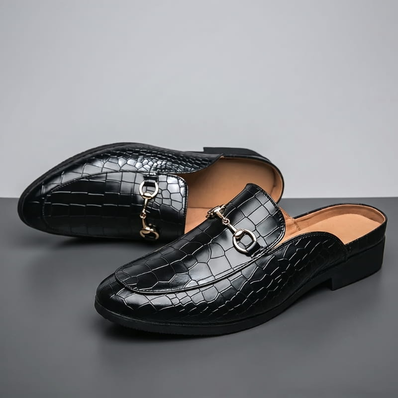 Rafael Leather Mule Clogs – Croc-Embossed Gold-Tone Slip-On Footwear