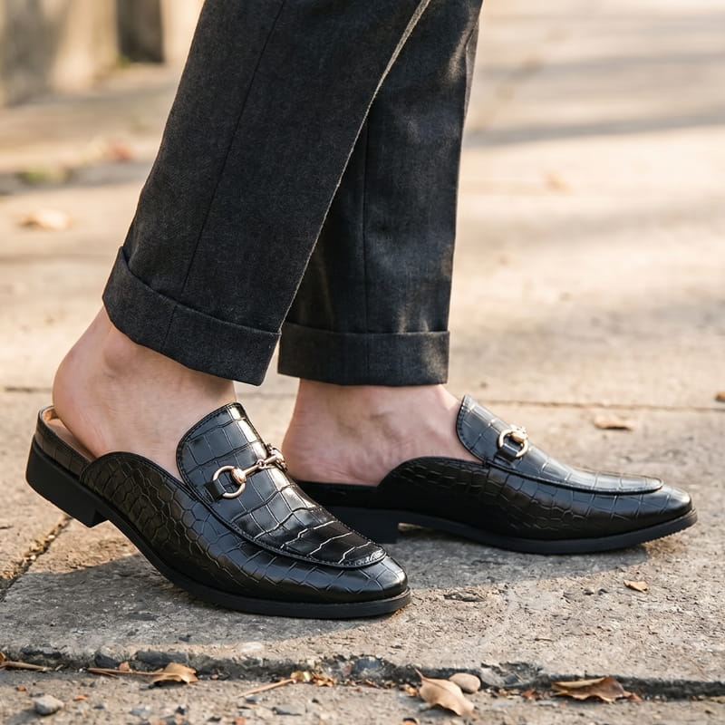 Rafael Leather Mule Clogs – Croc-Embossed Gold-Tone Slip-On Footwear