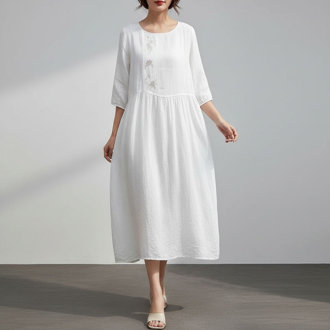 Marcelline Embroidered Cotton Midi Dress – Airy Pullover Everyday Casual Dress