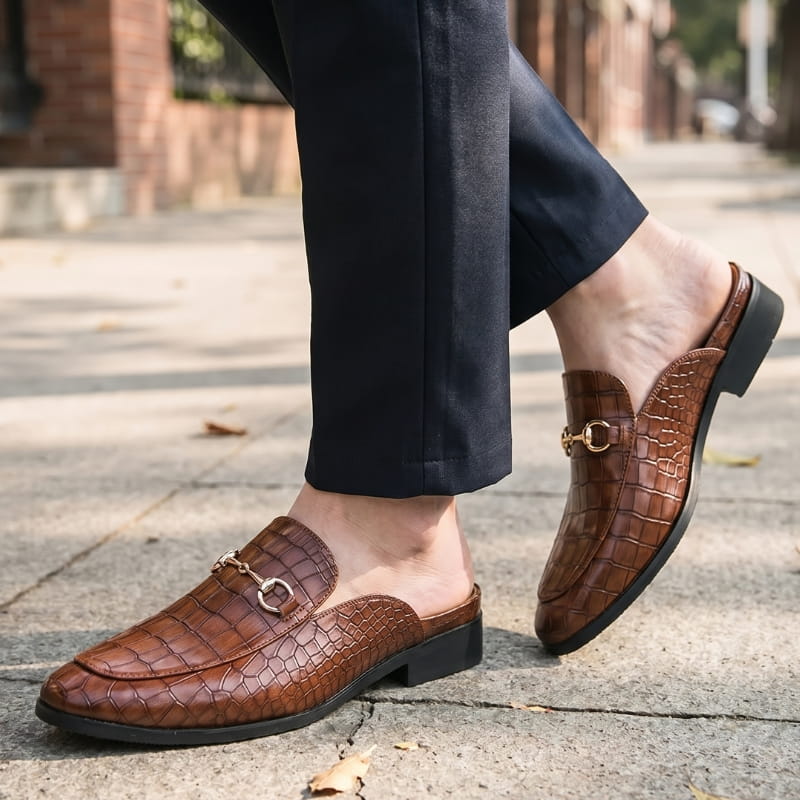 Rafael Leather Mule Clogs – Croc-Embossed Gold-Tone Slip-On Footwear
