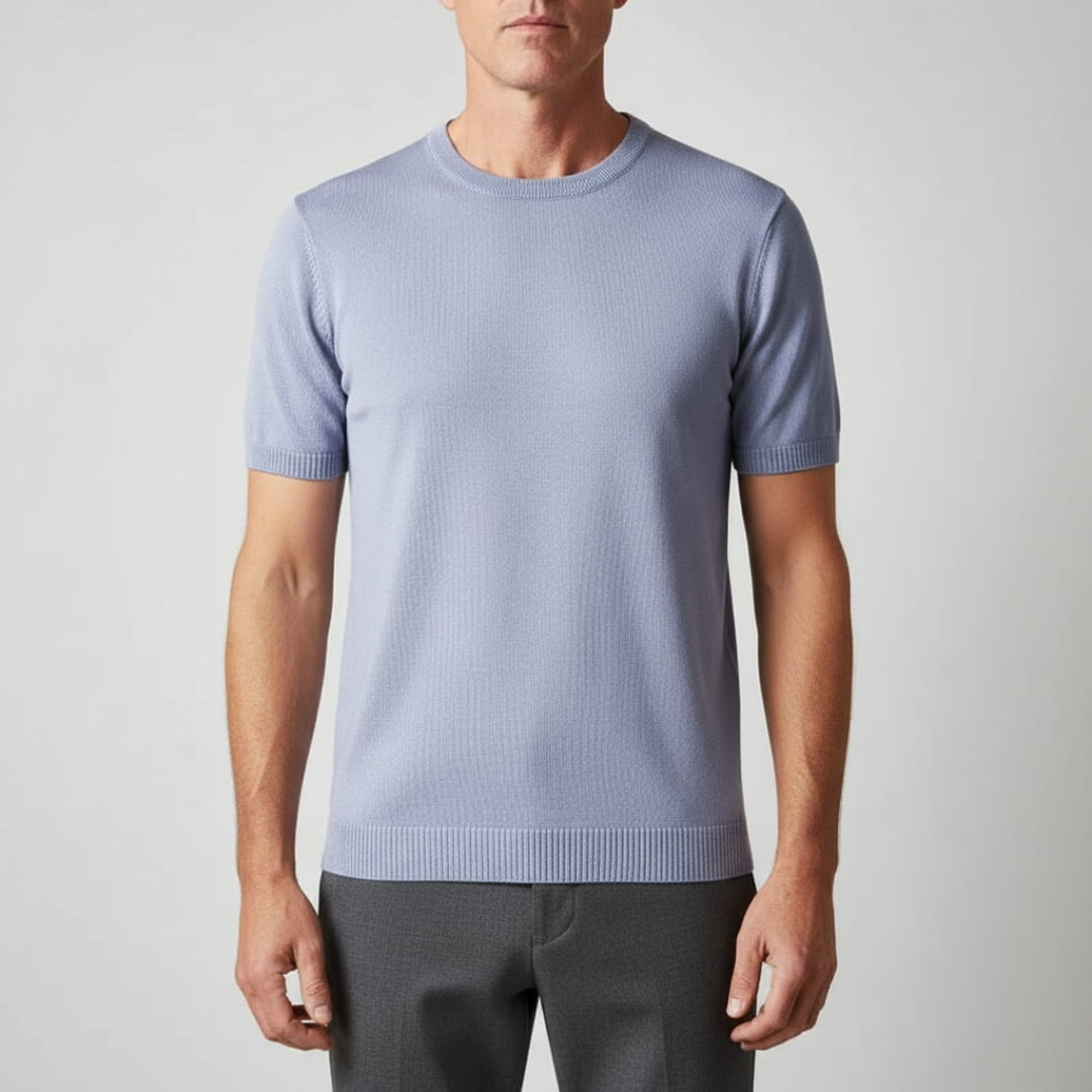 Gabriel Men’s Knit T-Shirt – Mercerised Cotton Blend with Ribbed Crewneck