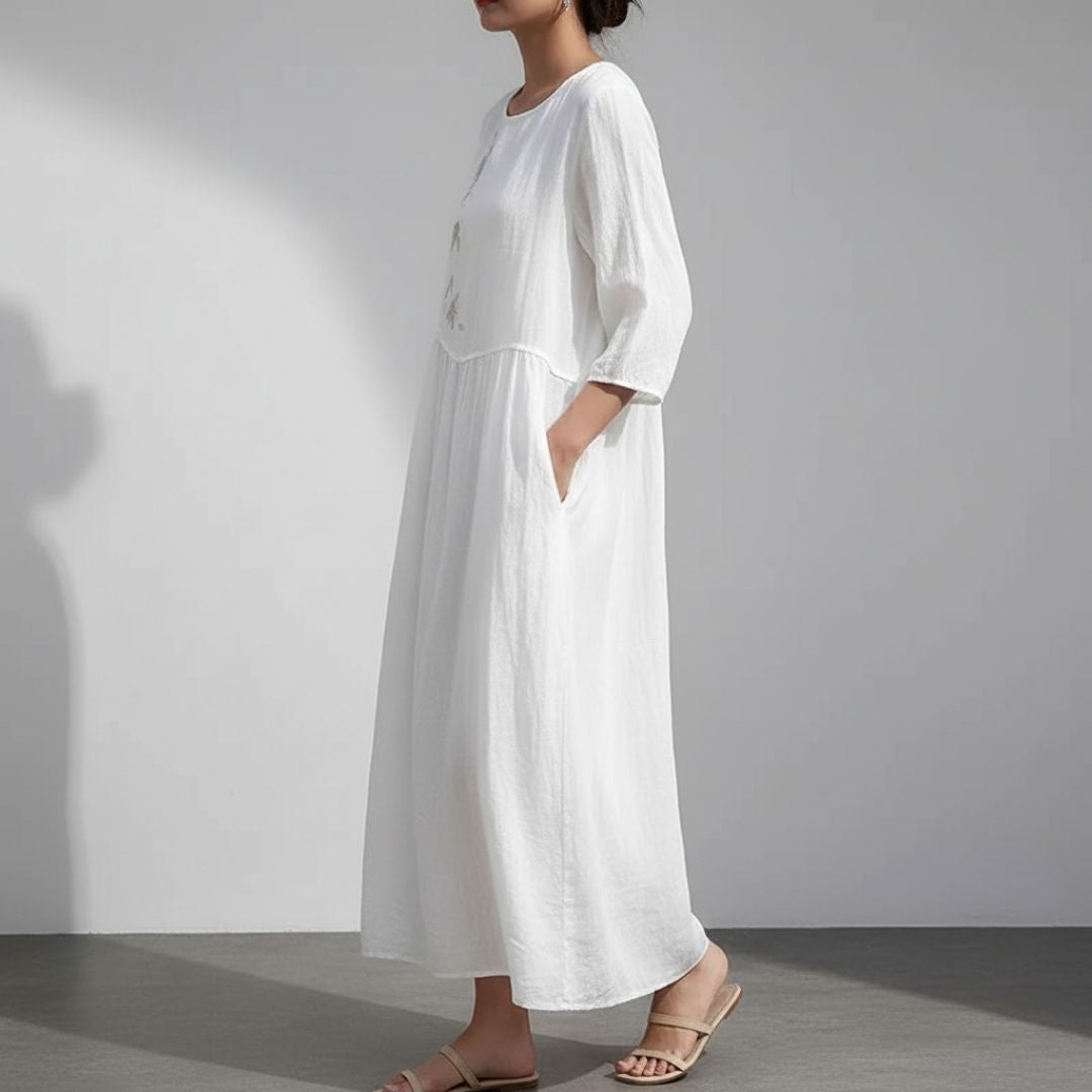 Marcelline Embroidered Cotton Midi Dress – Airy Pullover Everyday Casual Dress