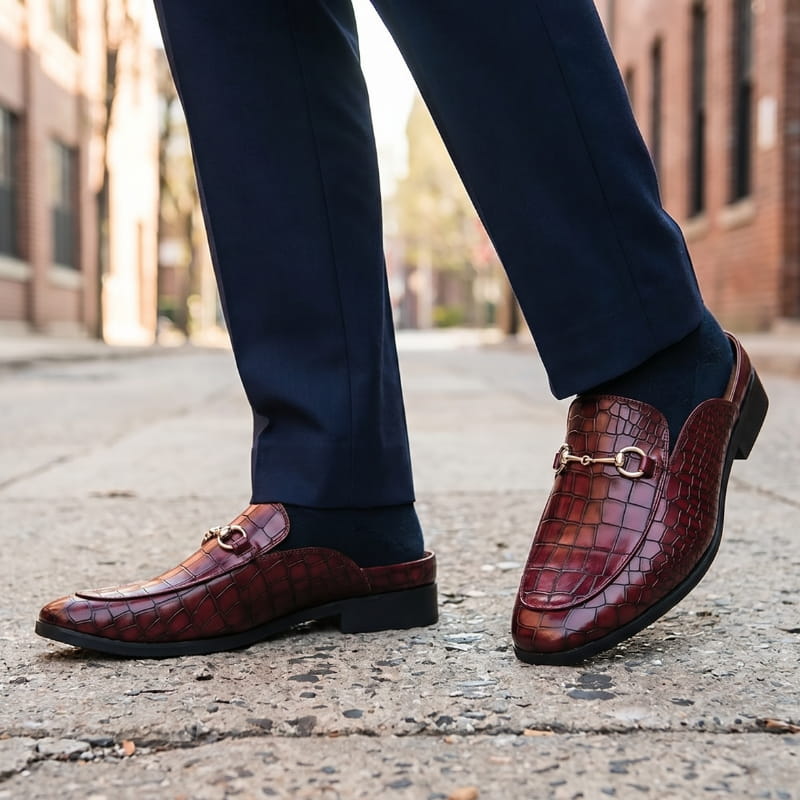 Rafael Leather Mule Clogs – Croc-Embossed Gold-Tone Slip-On Footwear
