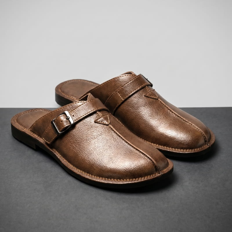 Lorenzo Leather Mules – Cushioned Slip-On Buckled Casual Footwear