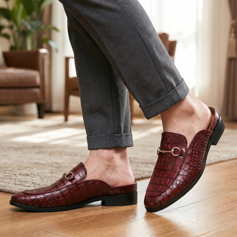 Rafael Leather Mule Clogs – Croc-Embossed Gold-Tone Slip-On Footwear