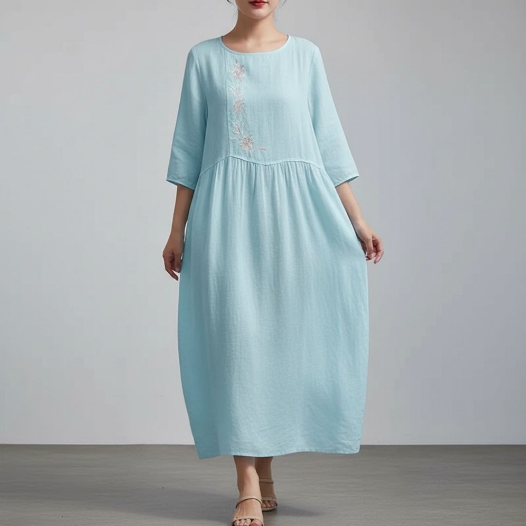 Marcelline Embroidered Cotton Midi Dress – Airy Pullover Everyday Casual Dress
