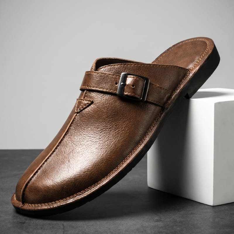 Lorenzo Leather Mules – Cushioned Slip-On Buckled Casual Footwear