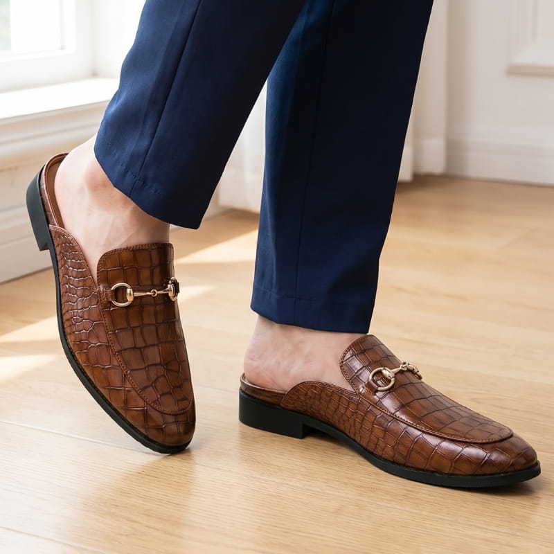 Rafael Leather Mule Clogs – Croc-Embossed Gold-Tone Slip-On Footwear