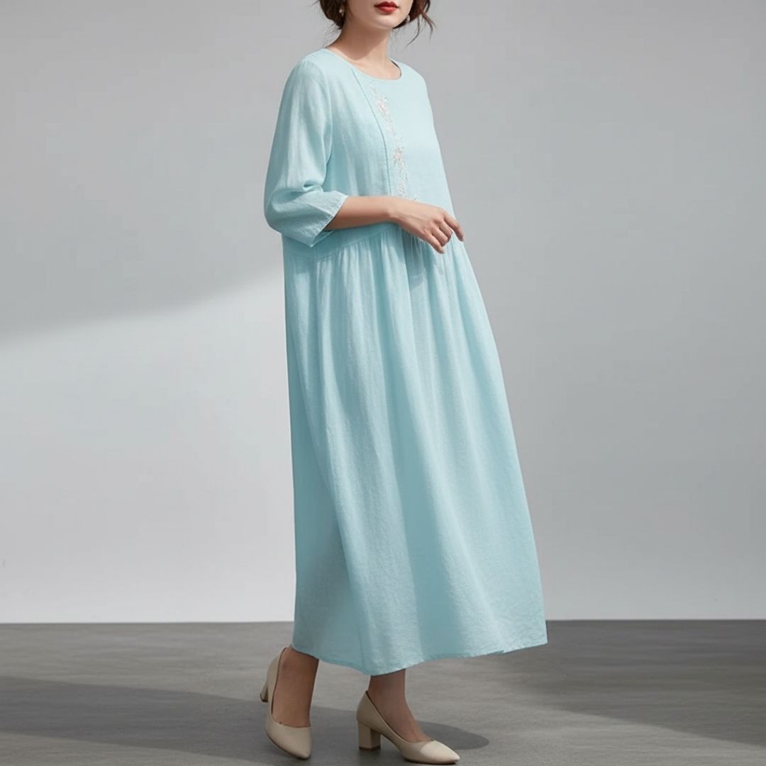 Marcelline Embroidered Cotton Midi Dress – Airy Pullover Everyday Casual Dress