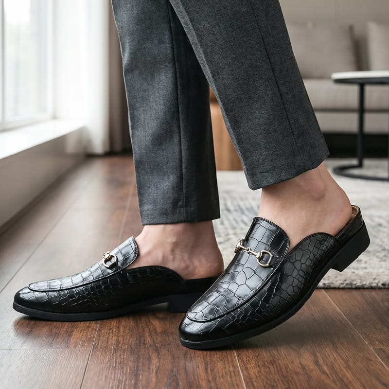 Rafael Leather Mule Clogs – Croc-Embossed Gold-Tone Slip-On Footwear