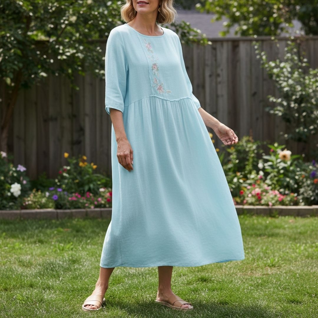 Marcelline Embroidered Cotton Midi Dress – Airy Pullover Everyday Casual Dress