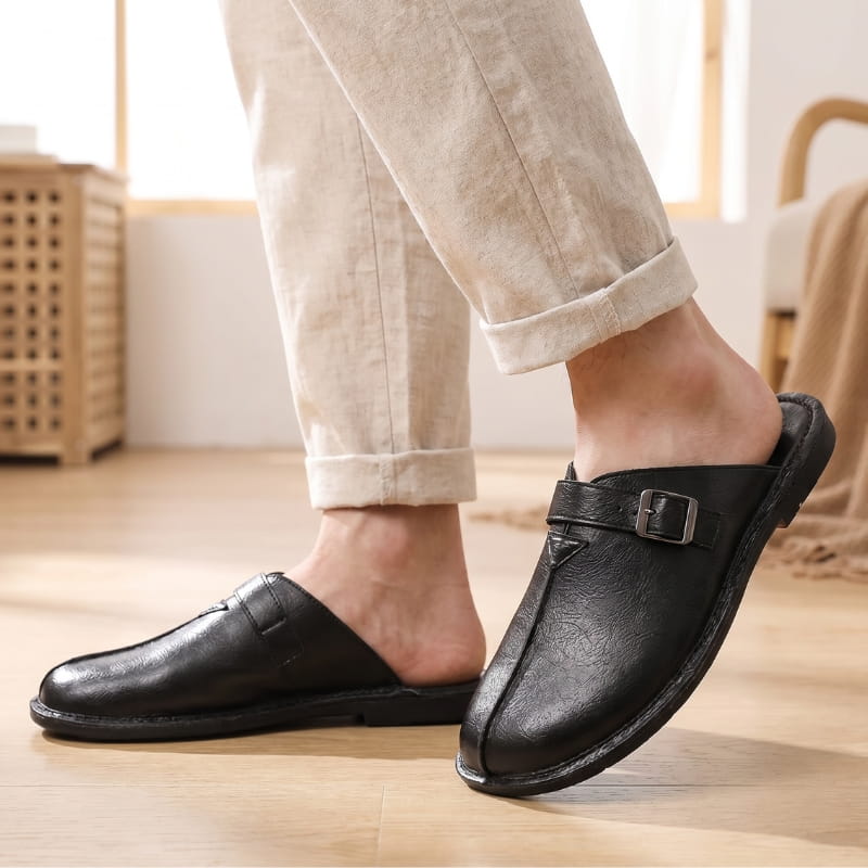 Lorenzo Leather Mules – Cushioned Slip-On Buckled Casual Footwear