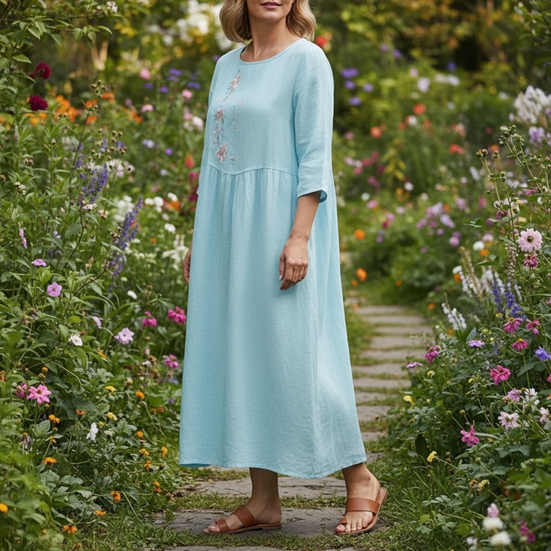 Marcelline Embroidered Cotton Midi Dress – Airy Pullover Everyday Casual Dress