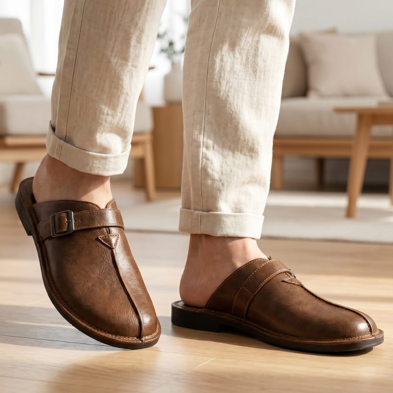 Lorenzo Leather Mules – Cushioned Slip-On Buckled Casual Footwear