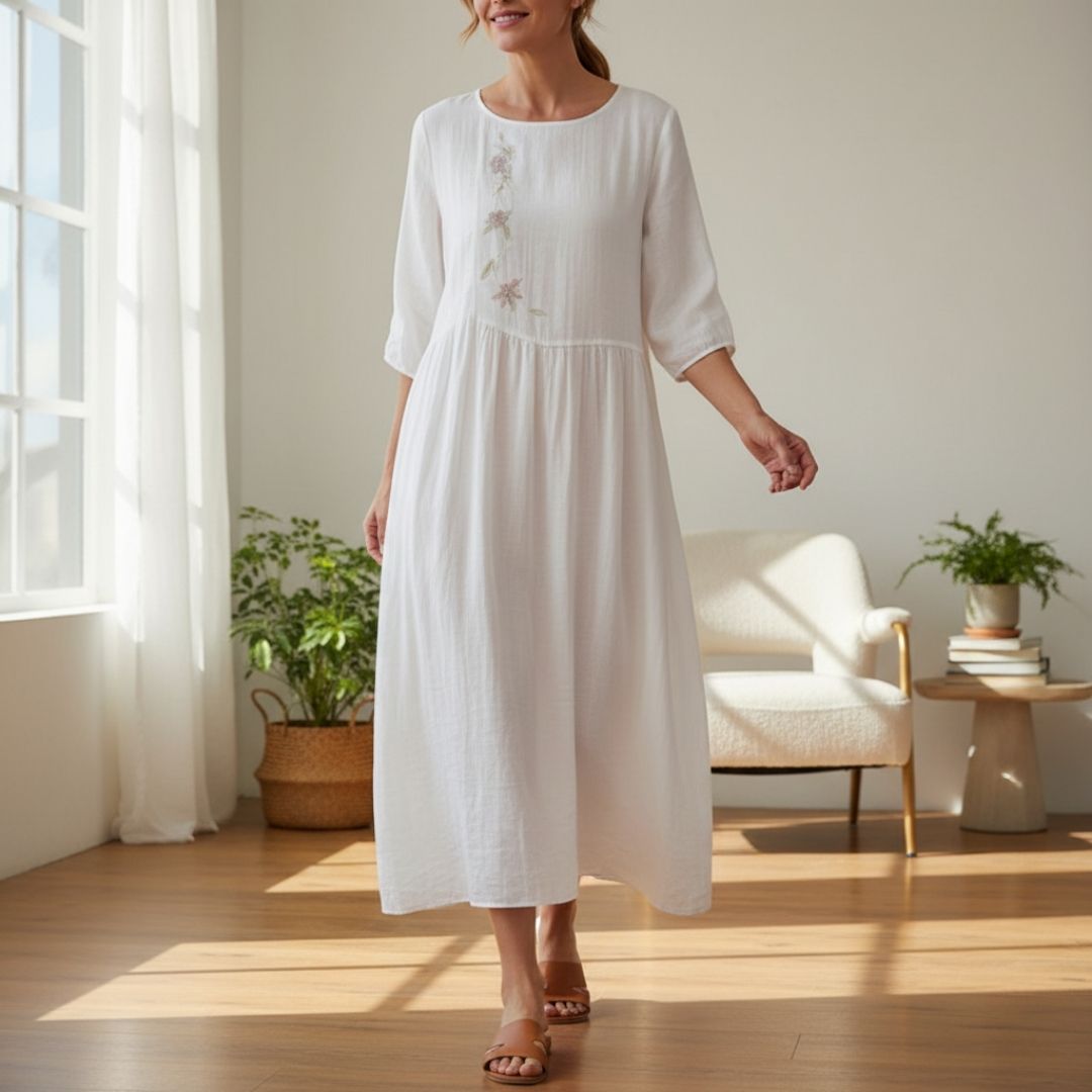 Marcelline Embroidered Cotton Midi Dress – Airy Pullover Everyday Casual Dress