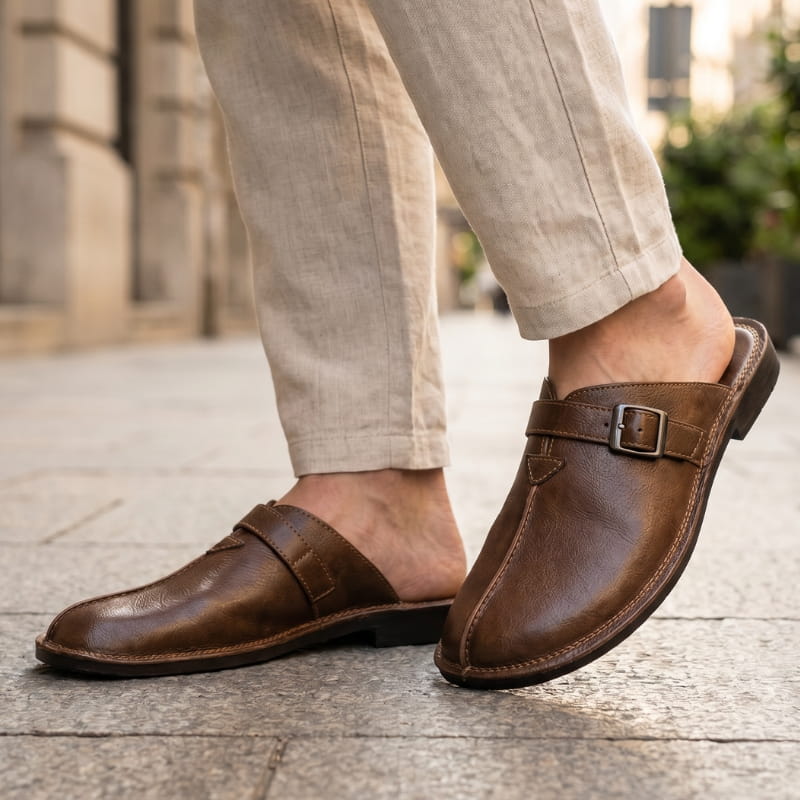 Lorenzo Leather Mules – Cushioned Slip-On Buckled Casual Footwear