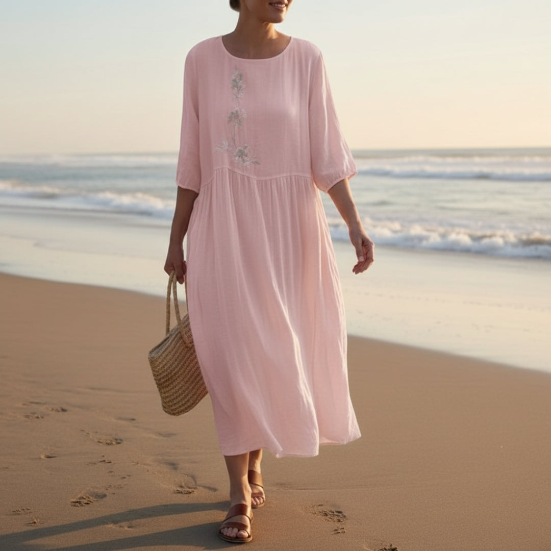 Marcelline Embroidered Cotton Midi Dress – Airy Pullover Everyday Casual Dress