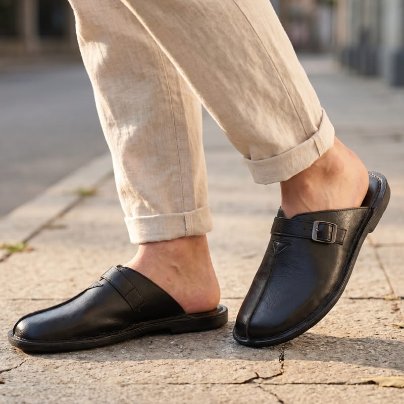 Lorenzo Leather Mules – Cushioned Slip-On Buckled Casual Footwear