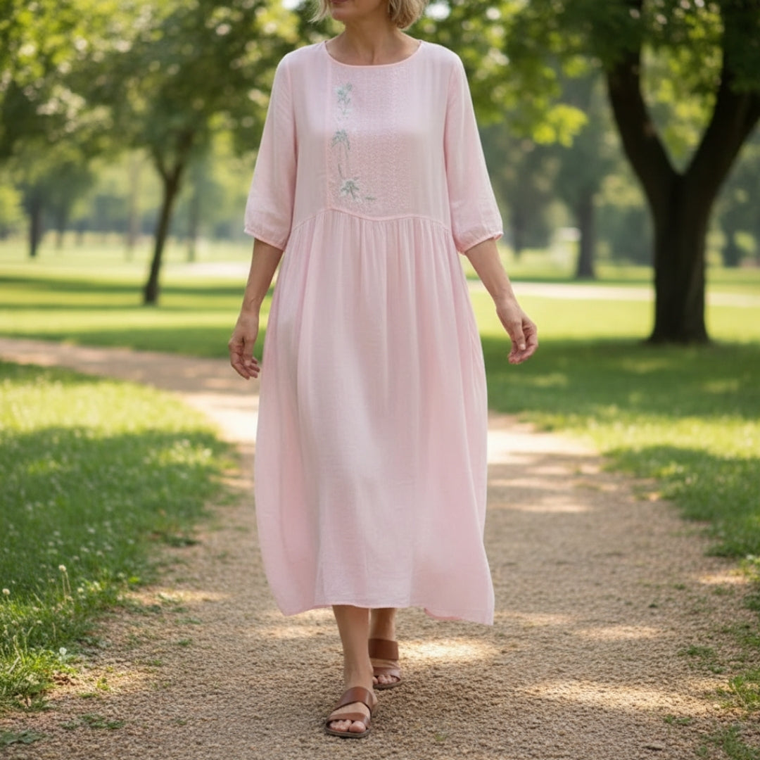 Marcelline Embroidered Cotton Midi Dress – Airy Pullover Everyday Casual Dress