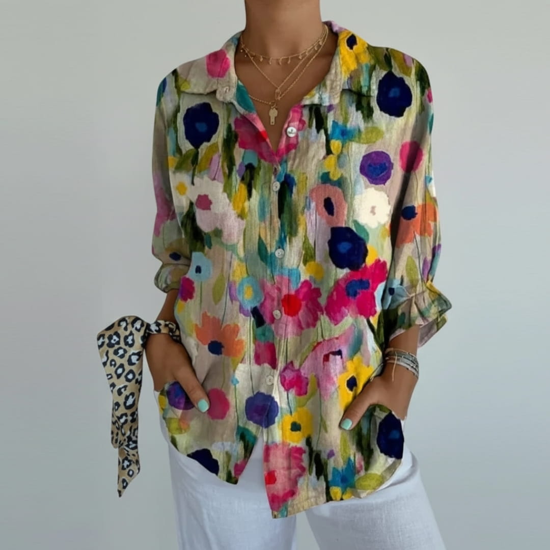 Adelaide Linen Shirt – Artistic Floral Print Women’s Linen Shirt
