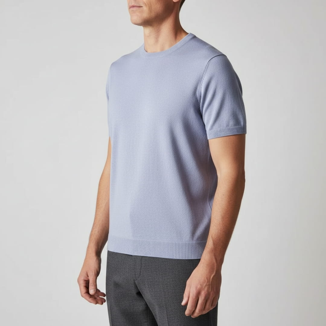 Gabriel Men’s Knit T-Shirt – Mercerised Cotton Blend with Ribbed Crewneck