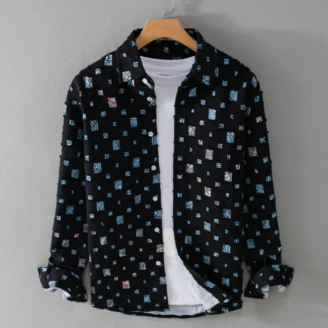 Macky Men’s Collared Shirt – Cotton Blend with Mosaic Pattern