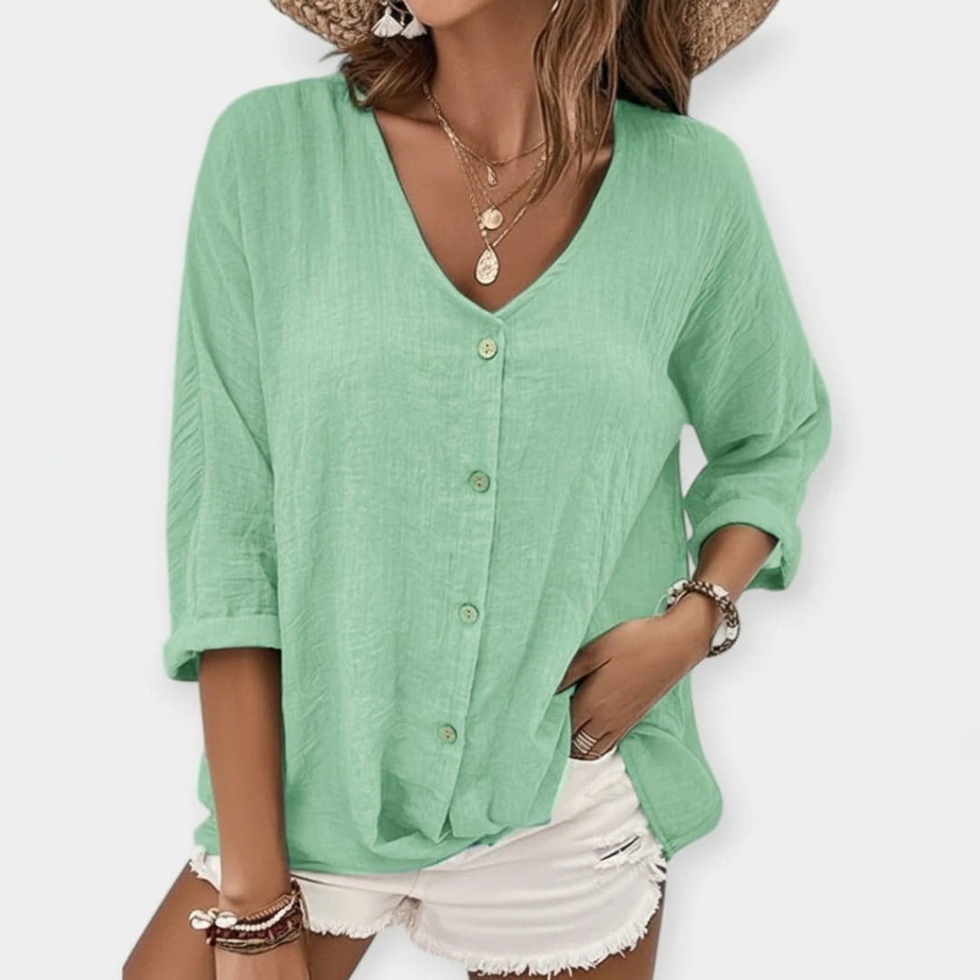 Elana Women’s Linen Shirt – Lightweight V-Neck Relaxed Fit Top