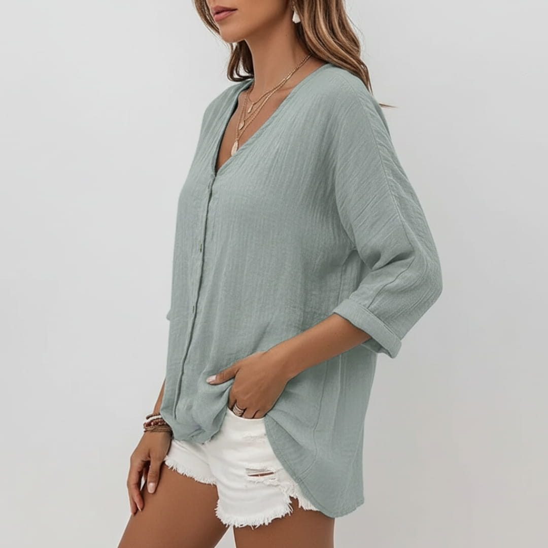 Elana Women’s Linen Shirt – Lightweight V-Neck Relaxed Fit Top
