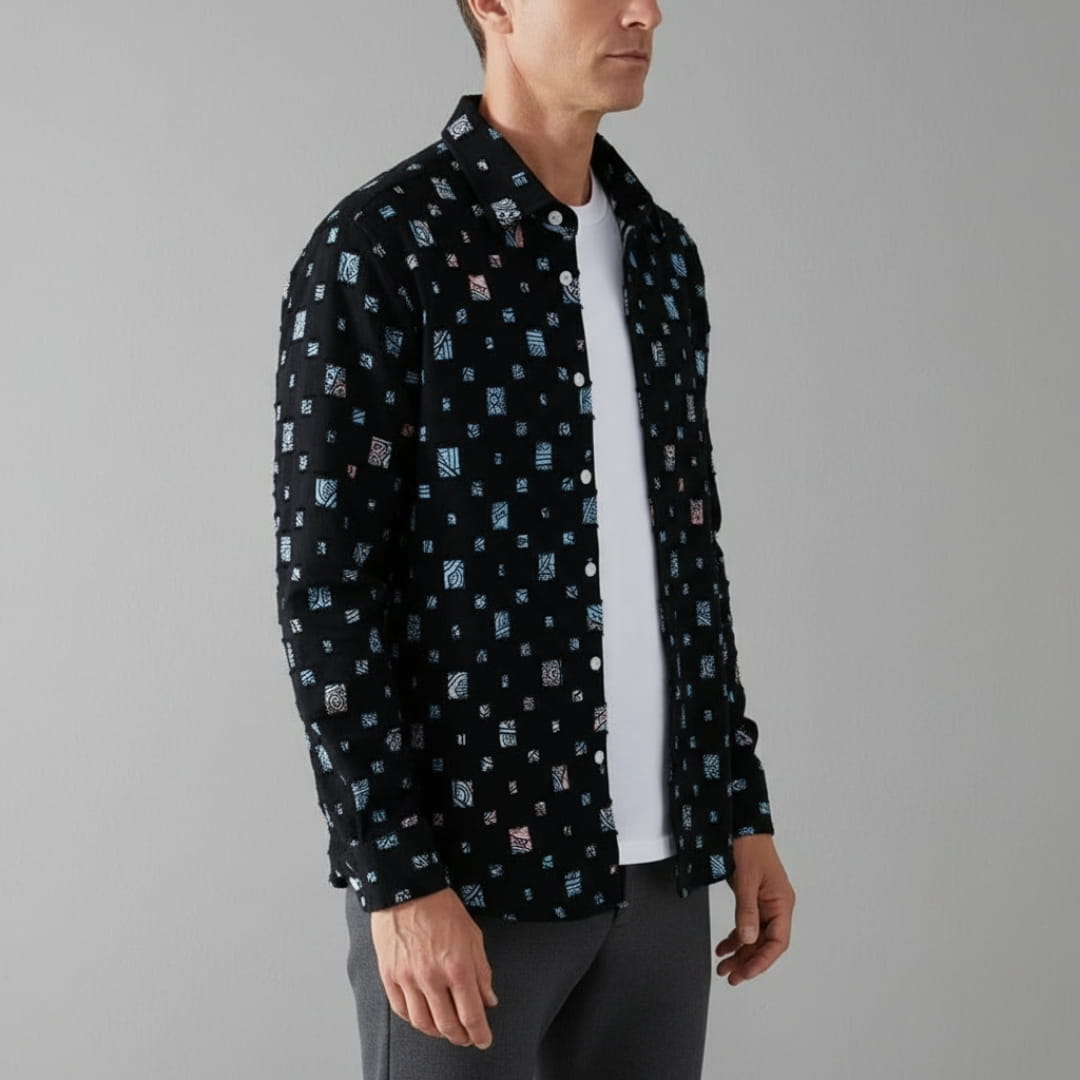 Macky Men’s Collared Shirt – Cotton Blend with Mosaic Pattern