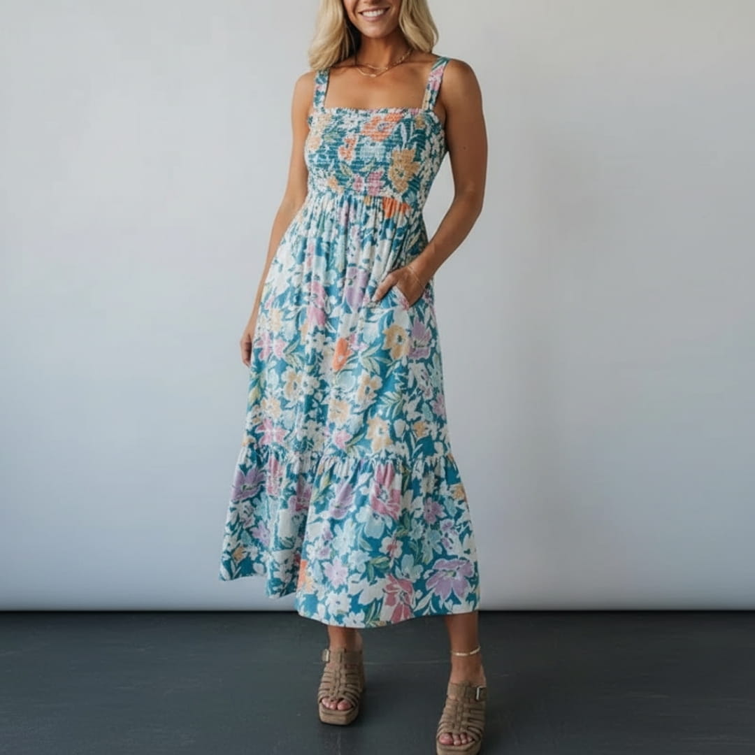 Aria Bloom Smocked Cotton Midi Dress – Spaghetti Strap Floral Summer Dress