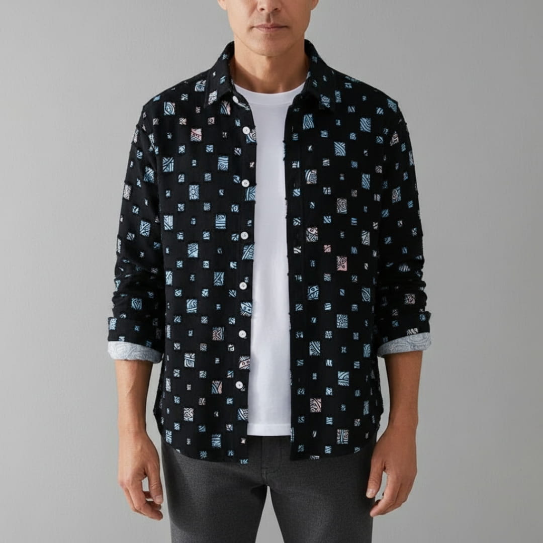 Macky Men’s Collared Shirt – Cotton Blend with Mosaic Pattern
