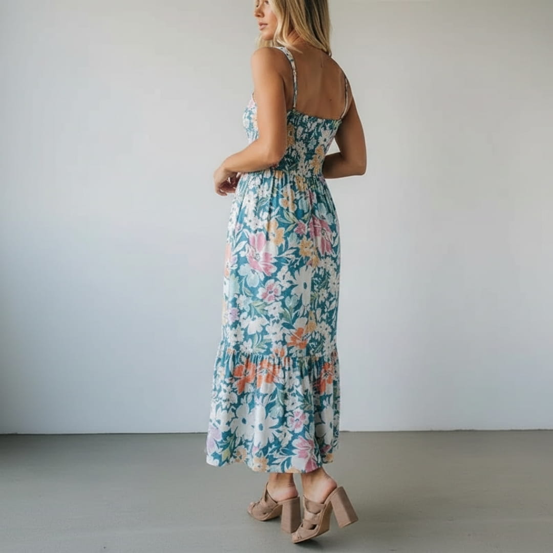 Aria Bloom Smocked Cotton Midi Dress – Spaghetti Strap Floral Summer Dress
