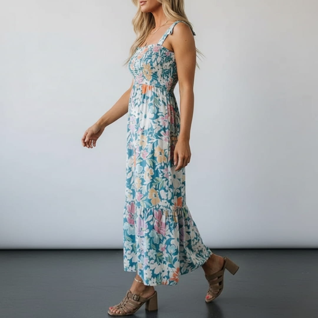 Aria Bloom Smocked Cotton Midi Dress – Spaghetti Strap Floral Summer Dress