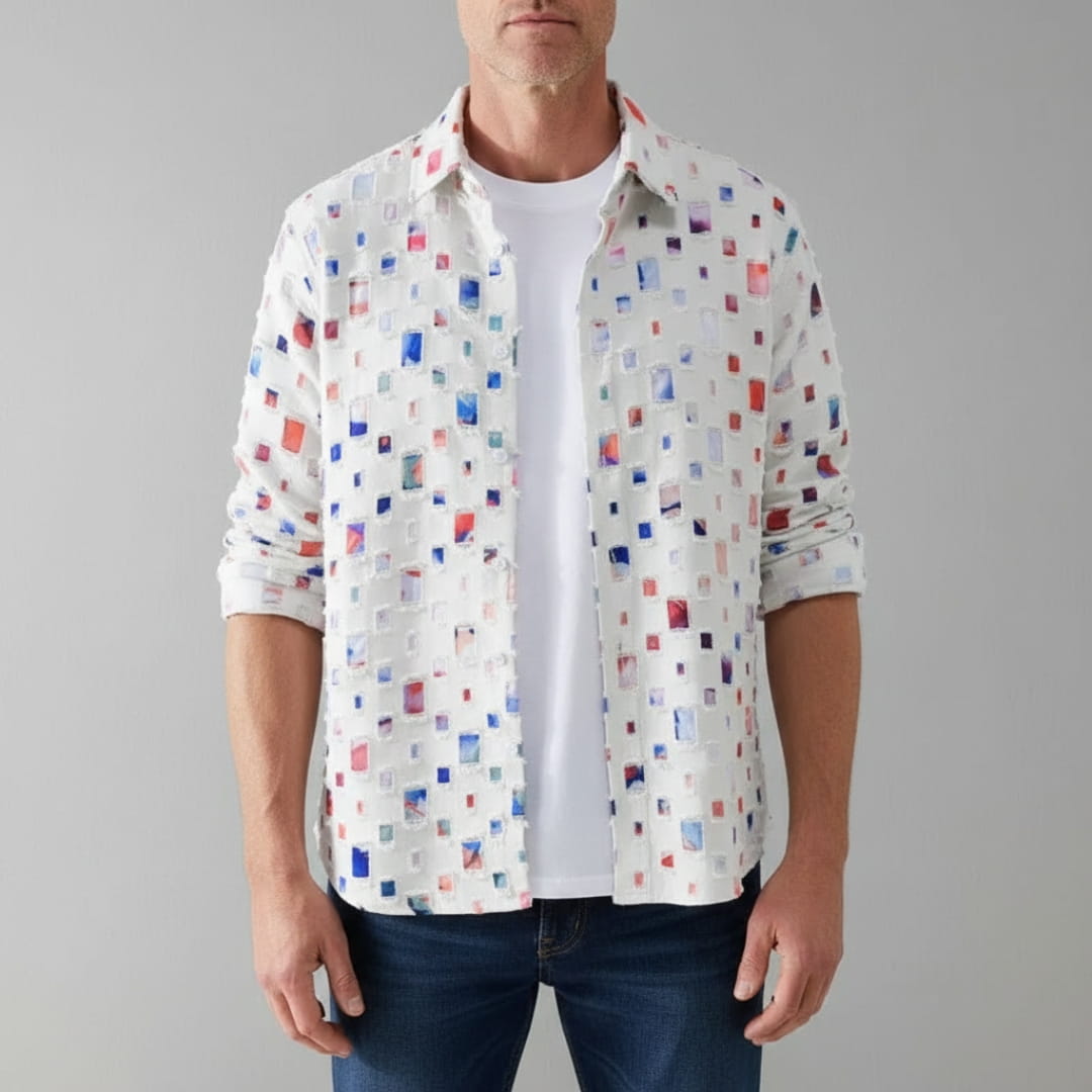 Macky Men’s Collared Shirt – Cotton Blend with Mosaic Pattern