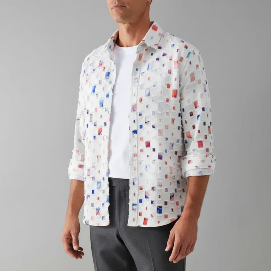 Macky Men’s Collared Shirt – Cotton Blend with Mosaic Pattern