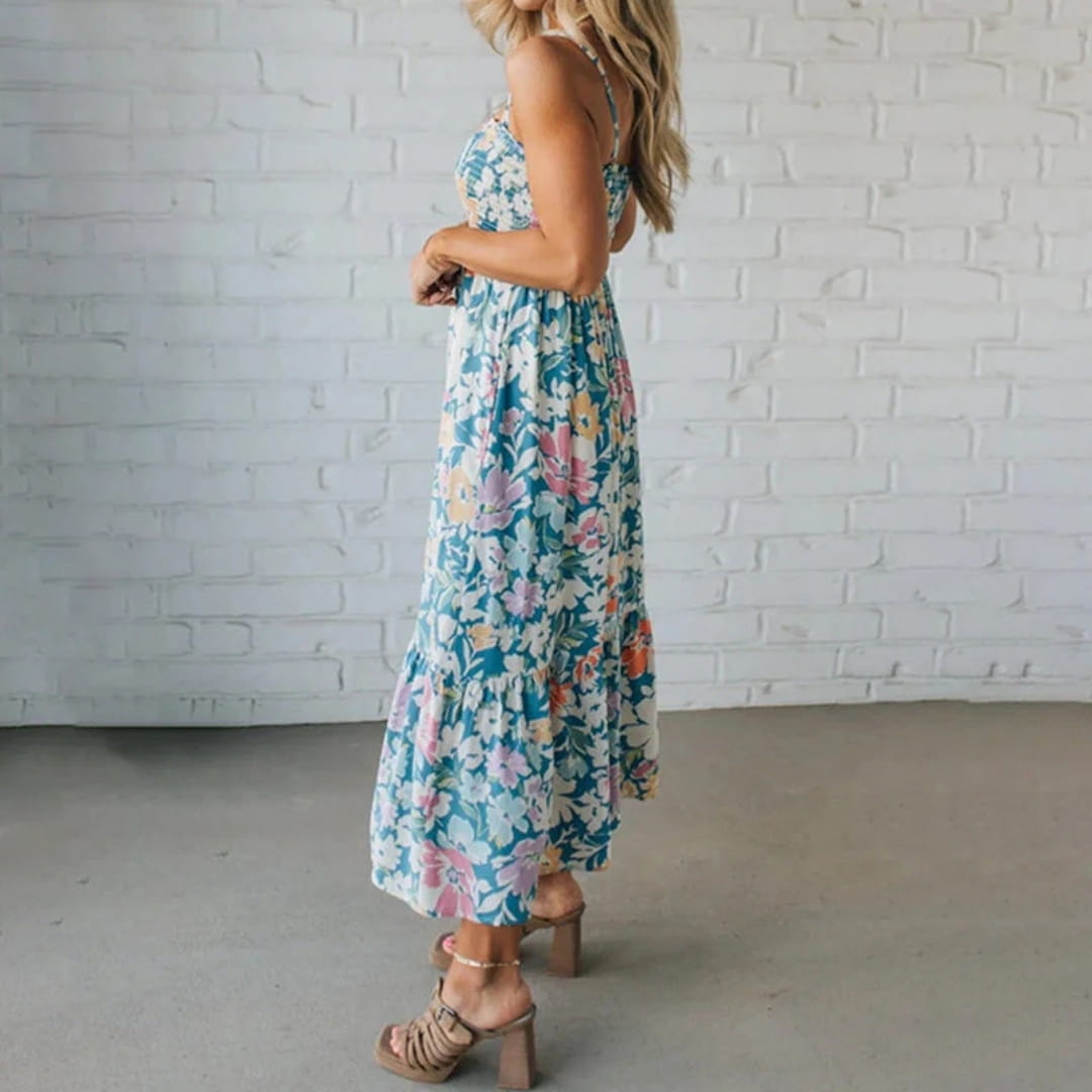 Aria Bloom Smocked Cotton Midi Dress – Spaghetti Strap Floral Summer Dress