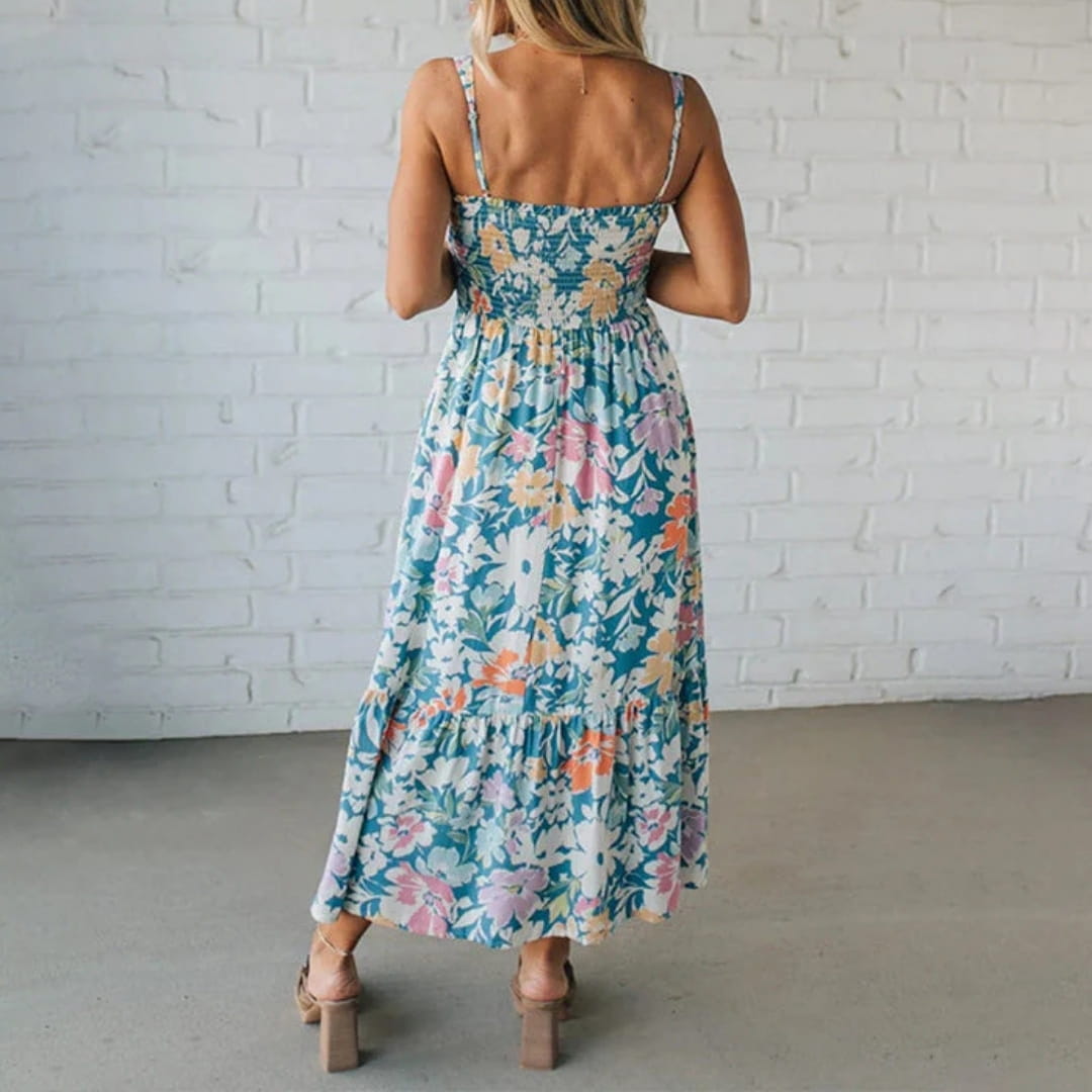 Aria Bloom Smocked Cotton Midi Dress – Spaghetti Strap Floral Summer Dress