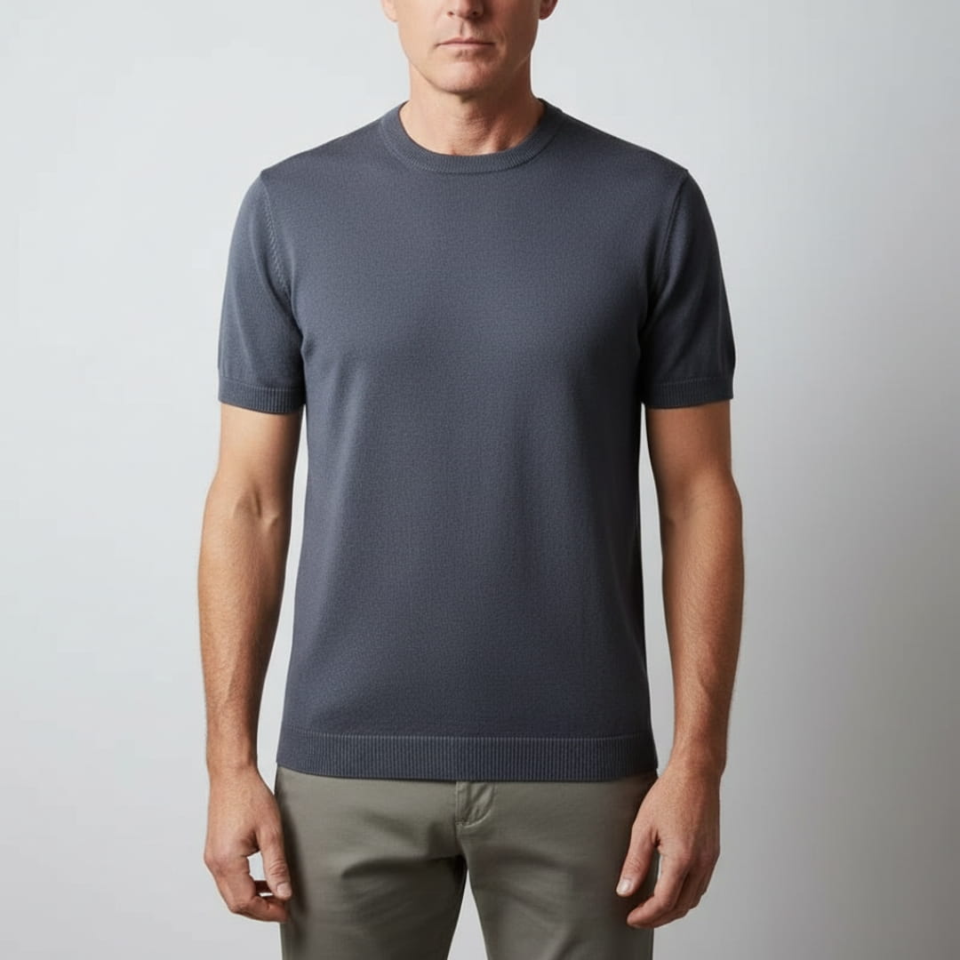 Gabriel Men’s Knit T-Shirt – Mercerised Cotton Blend with Ribbed Crewneck