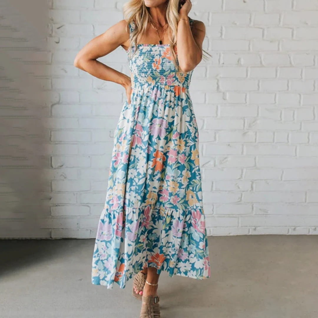 Aria Bloom Smocked Cotton Midi Dress – Spaghetti Strap Floral Summer Dress