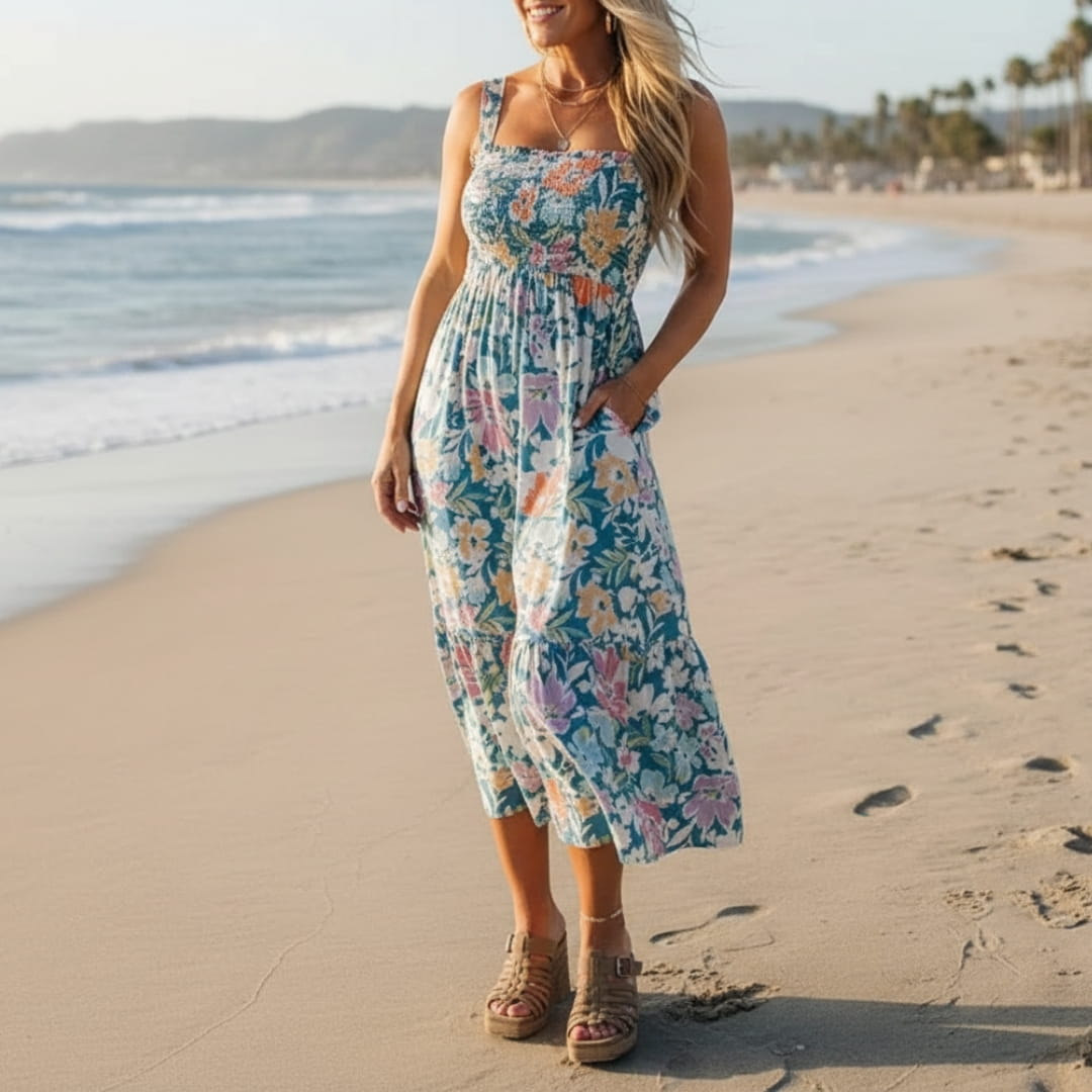 Aria Bloom Smocked Cotton Midi Dress – Spaghetti Strap Floral Summer Dress
