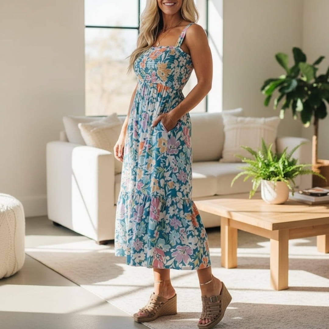 Aria Bloom Smocked Cotton Midi Dress – Spaghetti Strap Floral Summer Dress