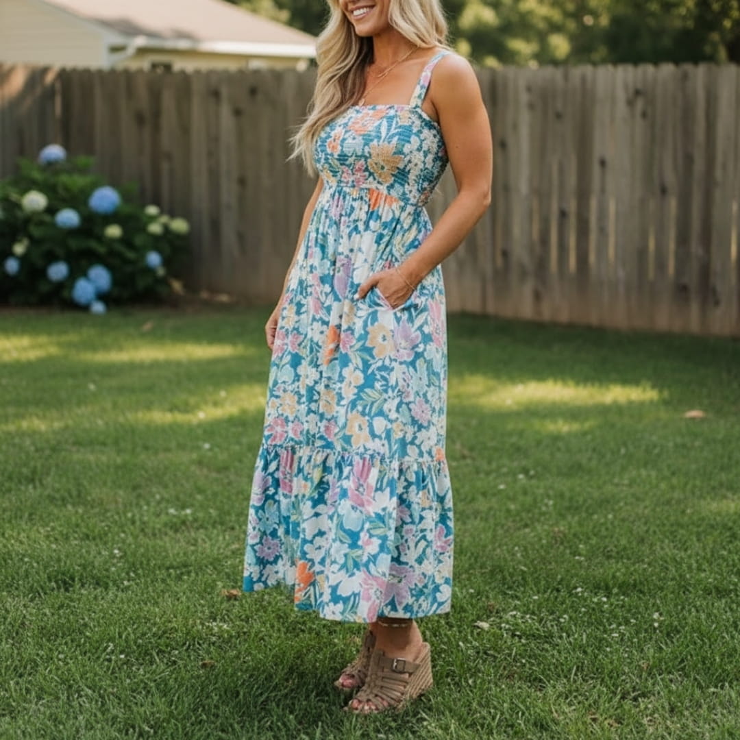 Aria Bloom Smocked Cotton Midi Dress – Spaghetti Strap Floral Summer Dress