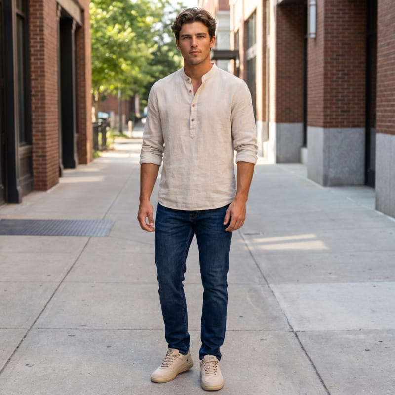 Wesley Linen Henley Shirt – Tailored Breathable Relaxed Everyday Apparel