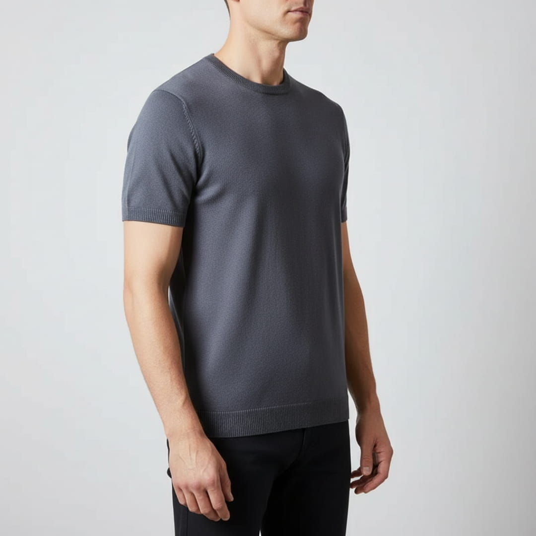 Gabriel Men’s Knit T-Shirt – Mercerised Cotton Blend with Ribbed Crewneck