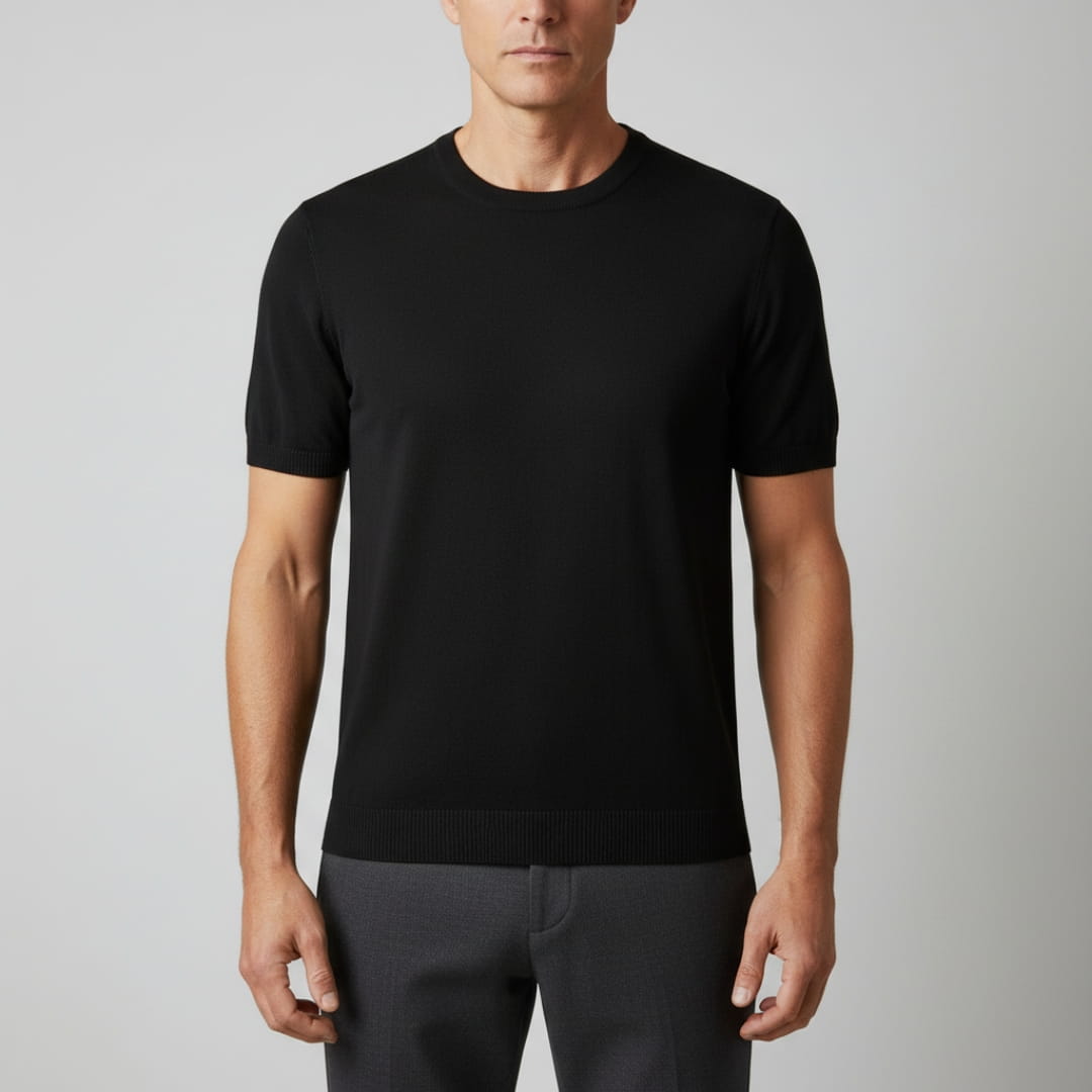 Gabriel Men’s Knit T-Shirt – Mercerised Cotton Blend with Ribbed Crewneck