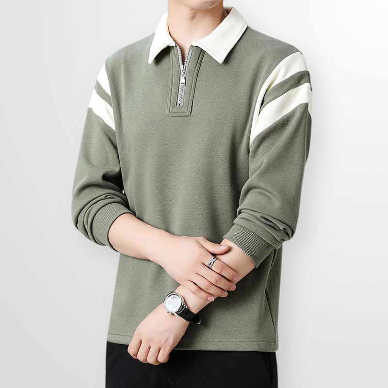 Winston Men’s Quarter Zip Sweater – Cotton Polo Knit with Contrast Collar