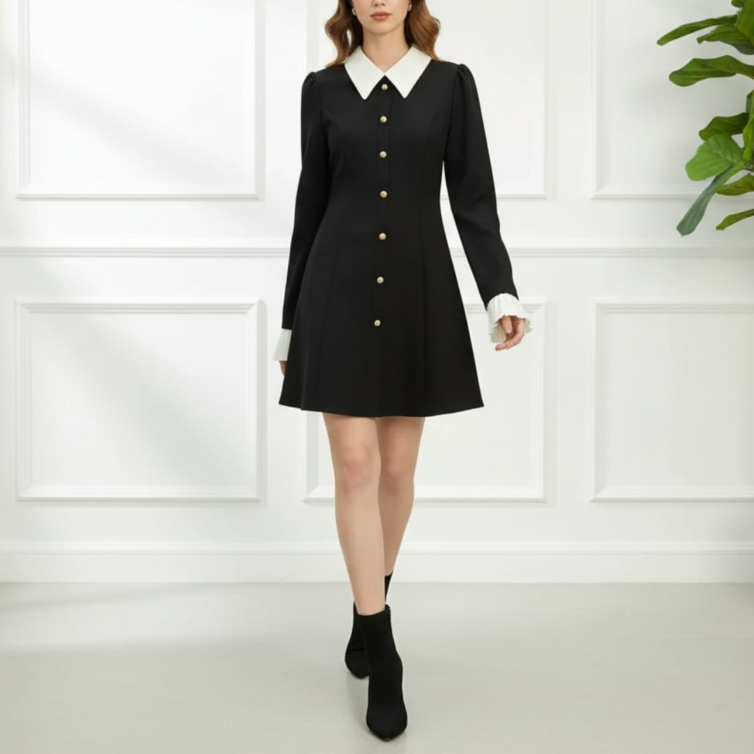 Cristine Button Front A-Line Mini Dress – Structured Collar Shirt Dress