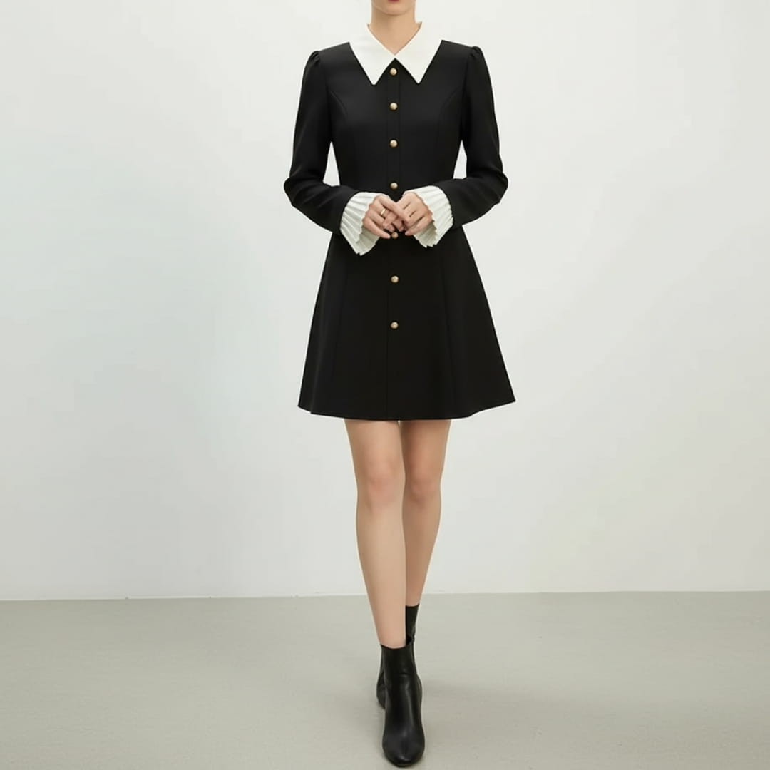 Cristine Button Front A-Line Mini Dress – Structured Collar Shirt Dress