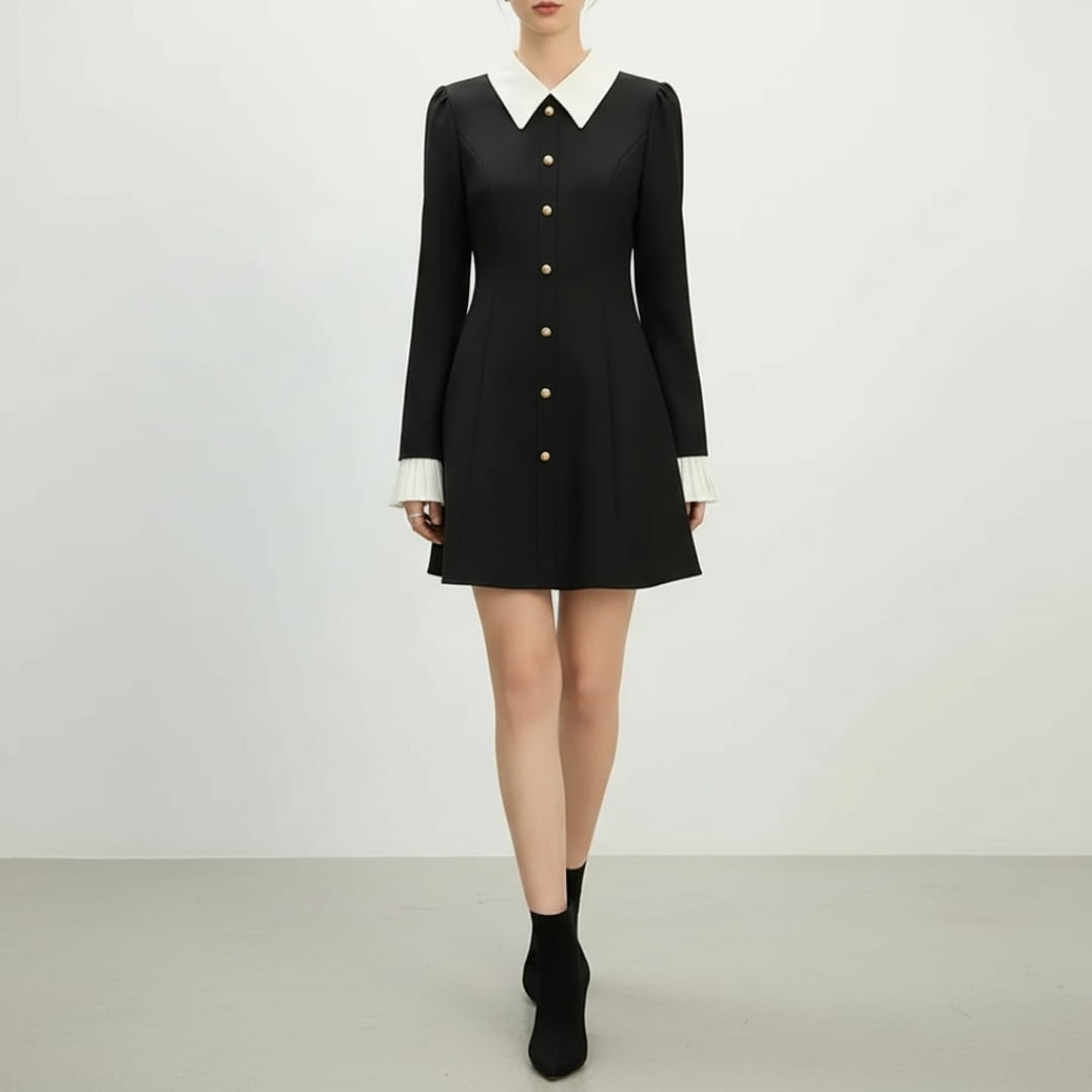 Cristine Button Front A-Line Mini Dress – Structured Collar Shirt Dress